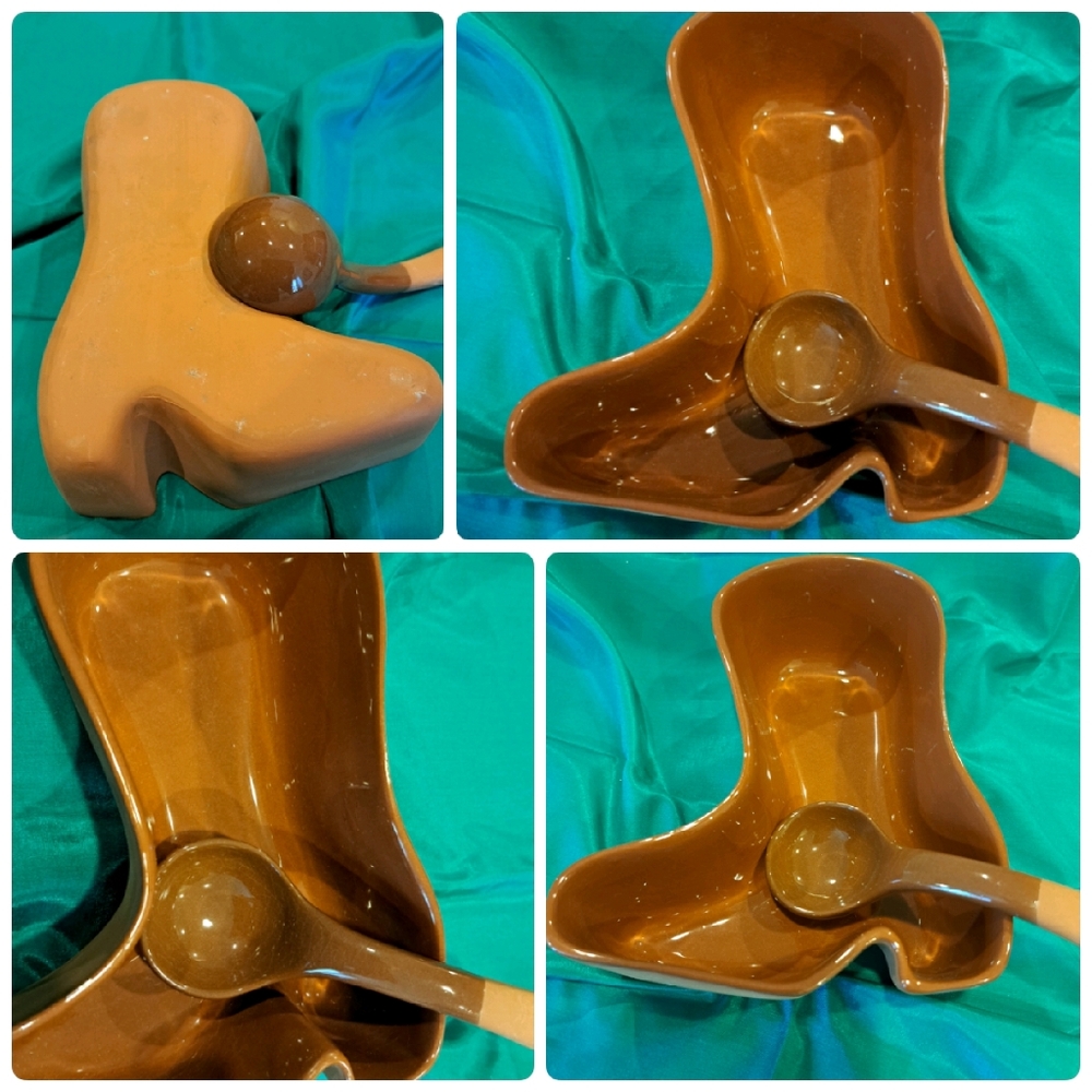 Glazed Terra Cotta Boot Shaped Salsa Dish W/ Serving Spoon NEW